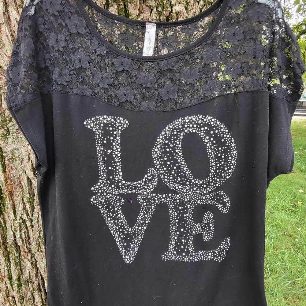 Addictive brand top, sz. 1X, made USA, black with silver studs spells out LOVE.